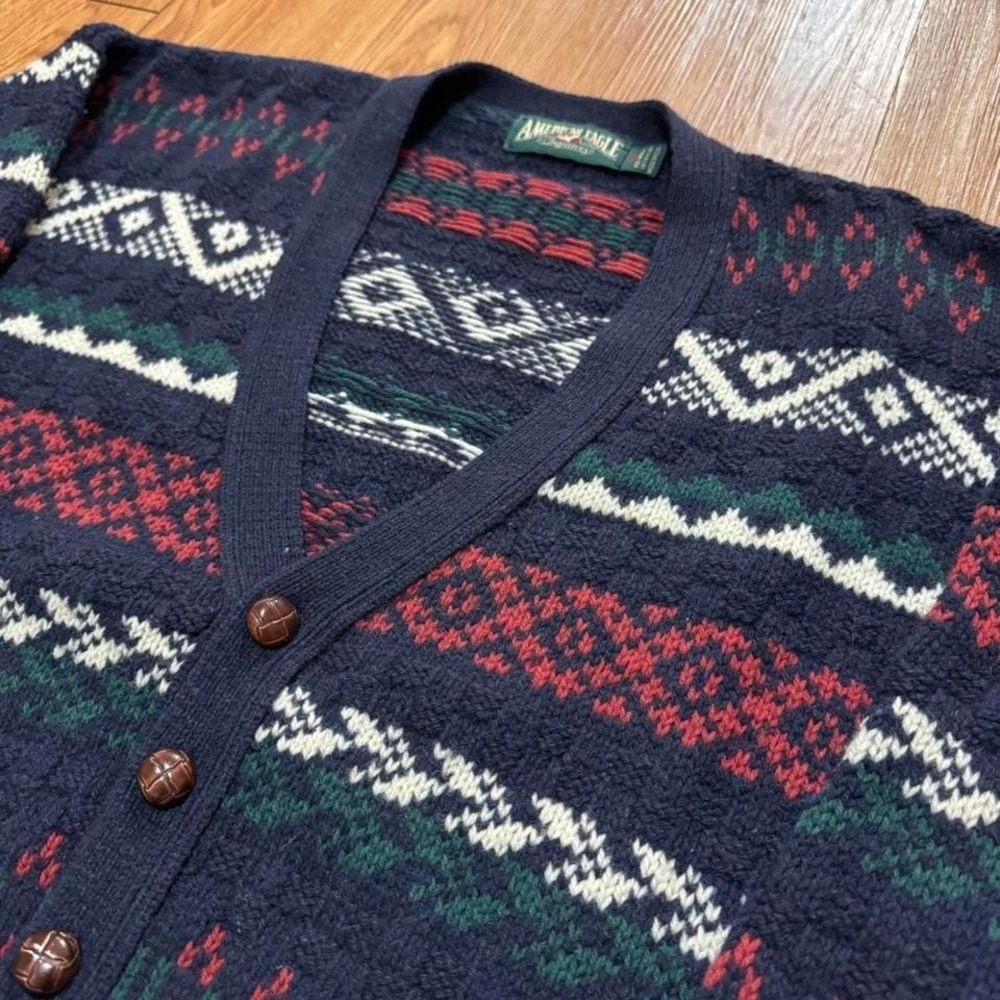 American Eagle Cardigan Vintage Wool Striped Multicolor‎ 90s Cozy Size Medium